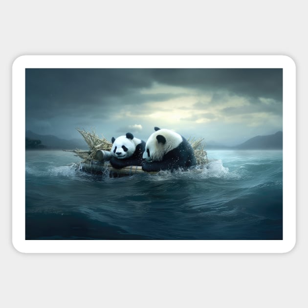 Survival Bonds: Pandas Weathering the Stormy Seas Sticker by MerlinArt